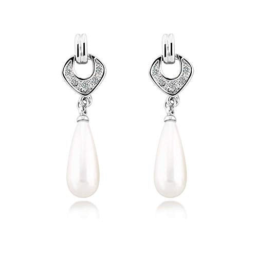 ZMC Women's Rhodium Plated Alloy Austrian Crystals and Imitation Pearls Drop Earrings, Silver/White freeshipping - ZMC STORE