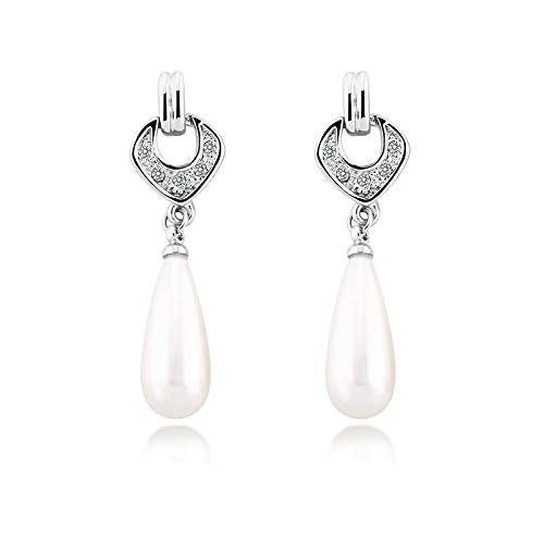 ZMC Women's Rhodium Plated Alloy Austrian Crystals and Imitation Pearls Drop Earrings, Silver/White freeshipping - ZMC STORE