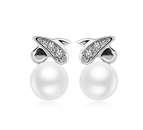 ZMC Women's Rhodium Plated Austrian Crystals and Imitation Pearls Stud Earrings, White freeshipping - ZMC STORE