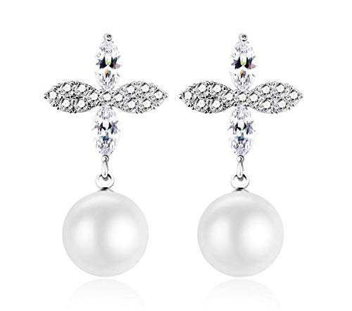 ZMC Women's Rhodium Plated Alloy Austrian Crystals and Imitation Pearls Drop Earrings, Silver/White freeshipping - ZMC STORE