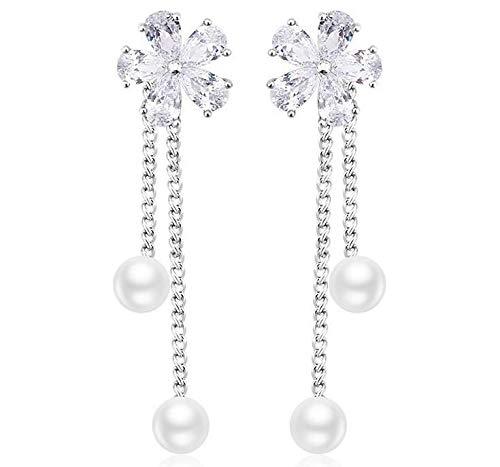 ZMC Women's Rhodium Plated Alloy Austrian Crystals and Imitation Pearls Drop Earrings, Silver/White freeshipping - ZMC STORE