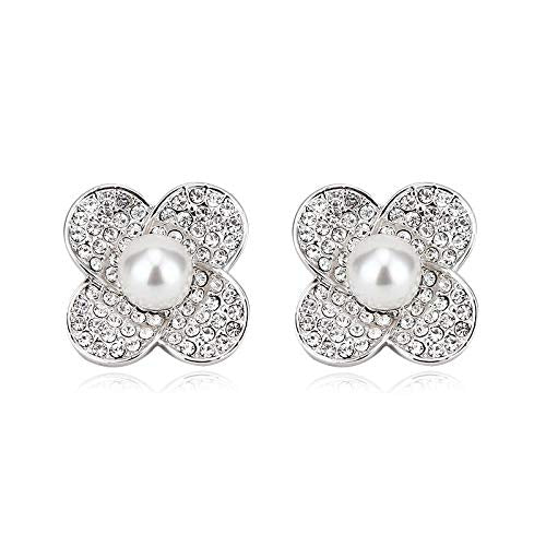 ZMC Women's Rhodium Plated Alloy Imitation Pearl and Austrian Crystals Stud Earrings, Silver/White freeshipping - ZMC STORE