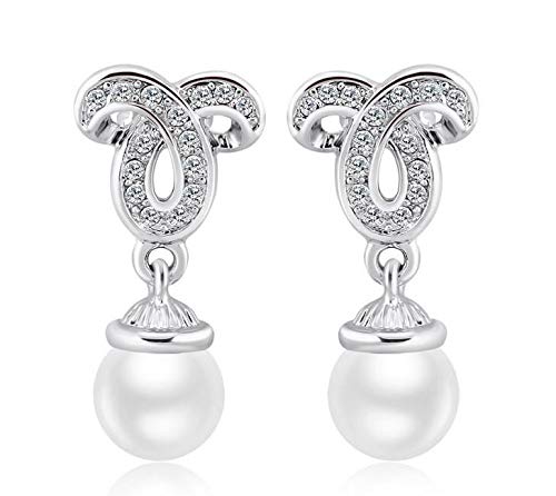 ZMC Women's Rhodium Plated Alloy Austrian Crystals and Imitation Pearls Drop Earrings, Silver/White freeshipping - ZMC STORE